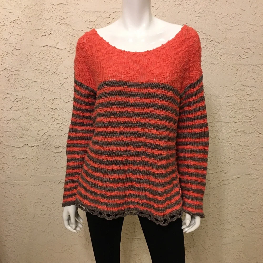 Free People Orange Gray Striped Nubby Knit Sweater Sz L